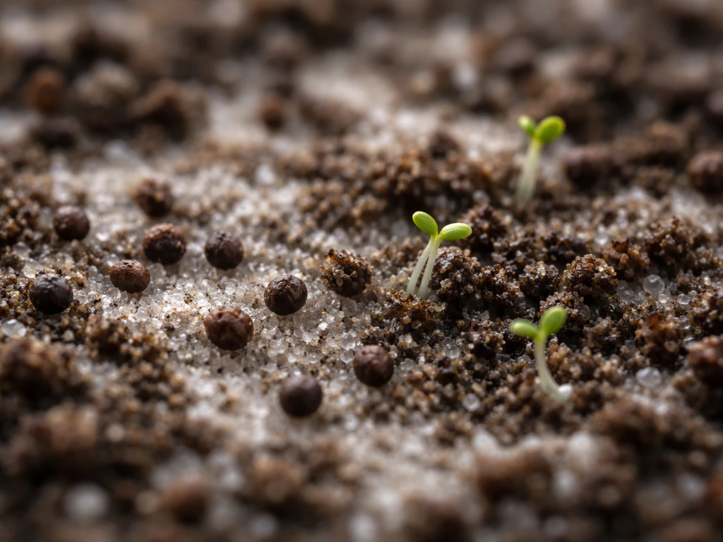 Tiny snapdragon seeds on seed-starting mix with a barely-there dusting and faint early green sprouts.