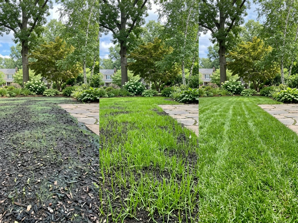 Hydroseeding growth timeline showing first green to full lawn establishment