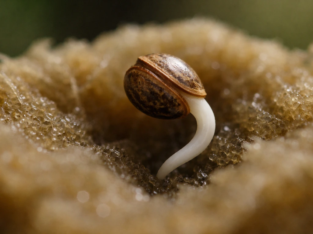 A cannabis seed in moist medium with a visible white taproot starting to emerge.