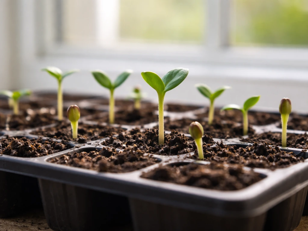 Zinnia and sunflower seedlings of different heights emerging in a starter tray.